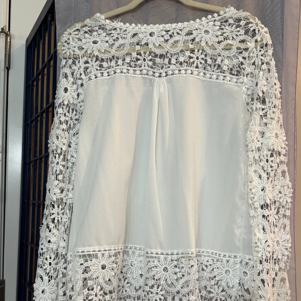 Boho Lace Crochet Blouse Ivory Floral Lace Top Sheer Sleeve Bohemian M